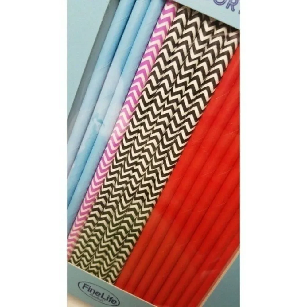 Fine Life Paper Drinking Straws 100 Count Assorted Colors Single Use 7 3/4